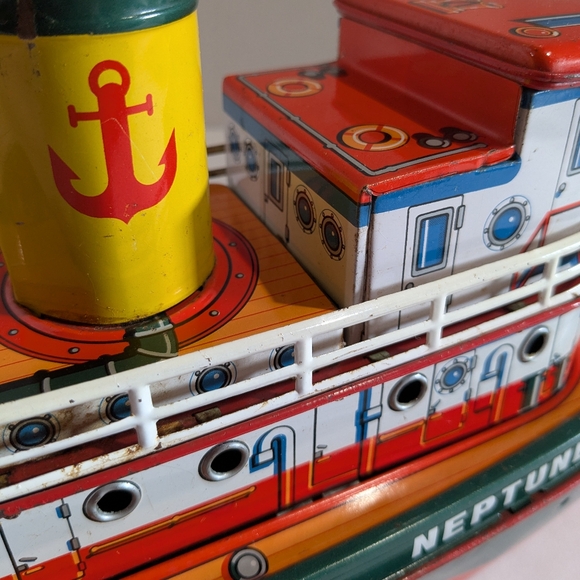 VTG Tug Boat Neptune Tin Litho Modern Toys Japan Tugboat - Picture 15 of 15